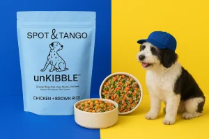 UnKibble dog food and dog.