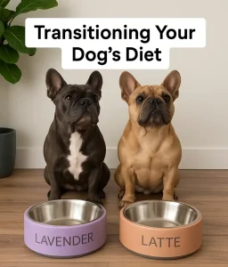 Two French Bulldogs with food bowls.