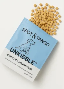 Dog food bag with kibble spilling out