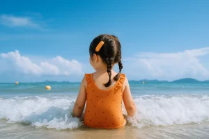 Beach scene with best swimsuit colors for kid