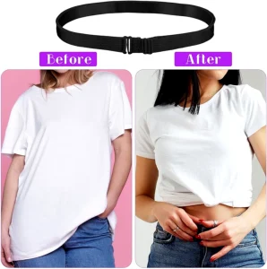 Woman adjusting her shirt with a Tucky Belt for a tucked-in look