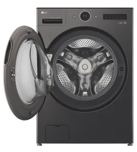 Front view of LG front-load washer with open door.