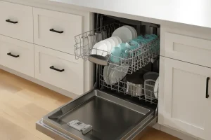 Open dishwasher with clean dishes