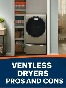 Ventless dryer in modern laundry nook with folded towels