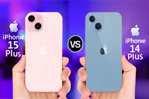 iPhone 15 Plus and 14 Plus in hand