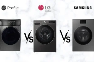 Three front-load washers: GE, LG, and Samsung models.