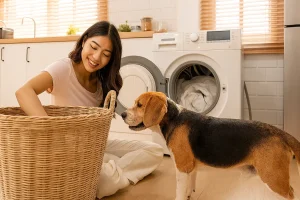 Woman doing laundry with her beagle dog