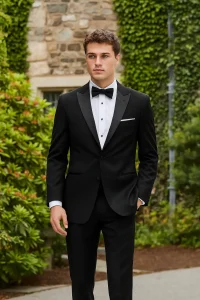 Man in black tuxedo standing outdoors, hands in pockets