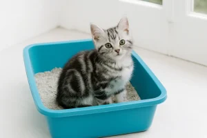 Small cat using litter box