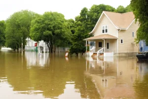 House partially submerged in flood