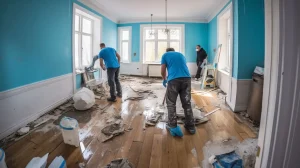 Workers cleaning flood-damaged room