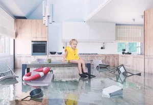 Child sitting in flooded kitchen