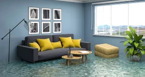 Living room flooded with water
