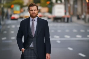 Man in suit walking in city