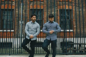 Two men styling slim jeans